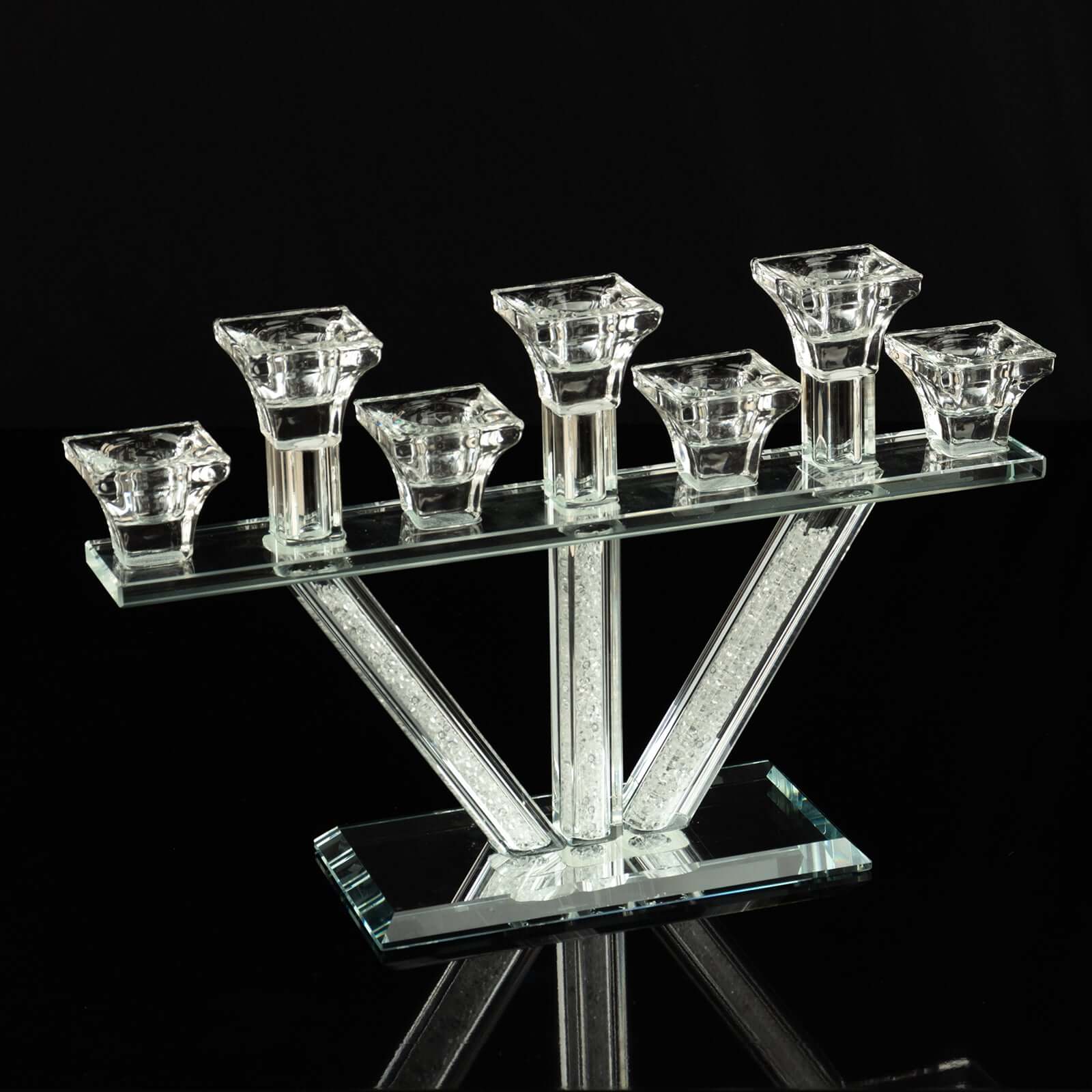 Crystal Glass Candelabra, 7 - Branch Taper Candle Stick Holder Stand Table Centerpiece With Crystal Filler and Mirror Base 12" - Bell Racket Store
