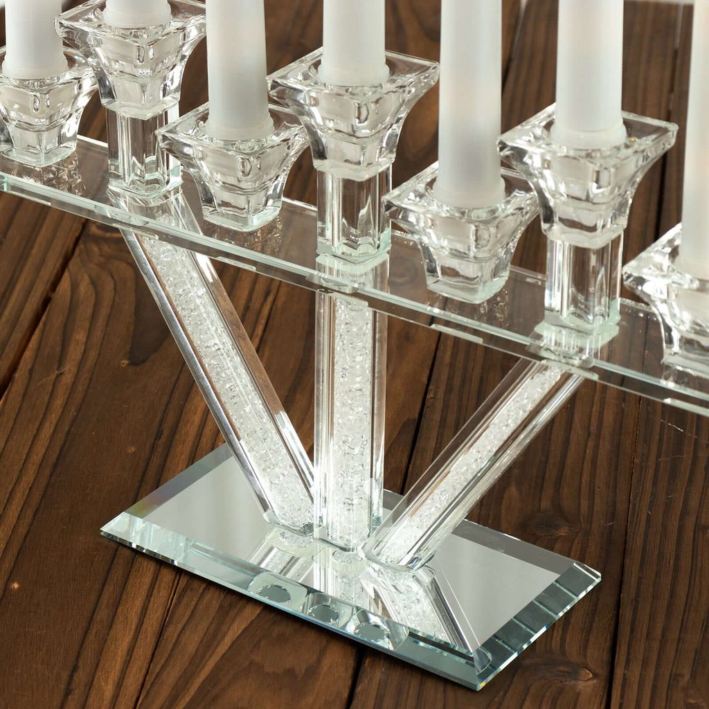 Crystal Glass Candelabra, 7 - Branch Taper Candle Stick Holder Stand Table Centerpiece With Crystal Filler and Mirror Base 12" - Bell Racket Store