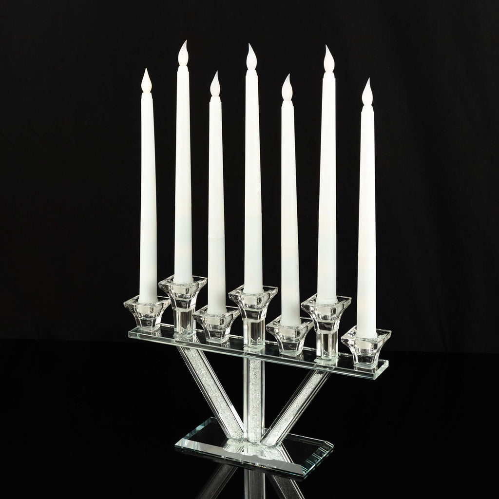 Crystal Glass Candelabra, 7 - Branch Taper Candle Stick Holder Stand Table Centerpiece With Crystal Filler and Mirror Base 12" - Bell Racket Store