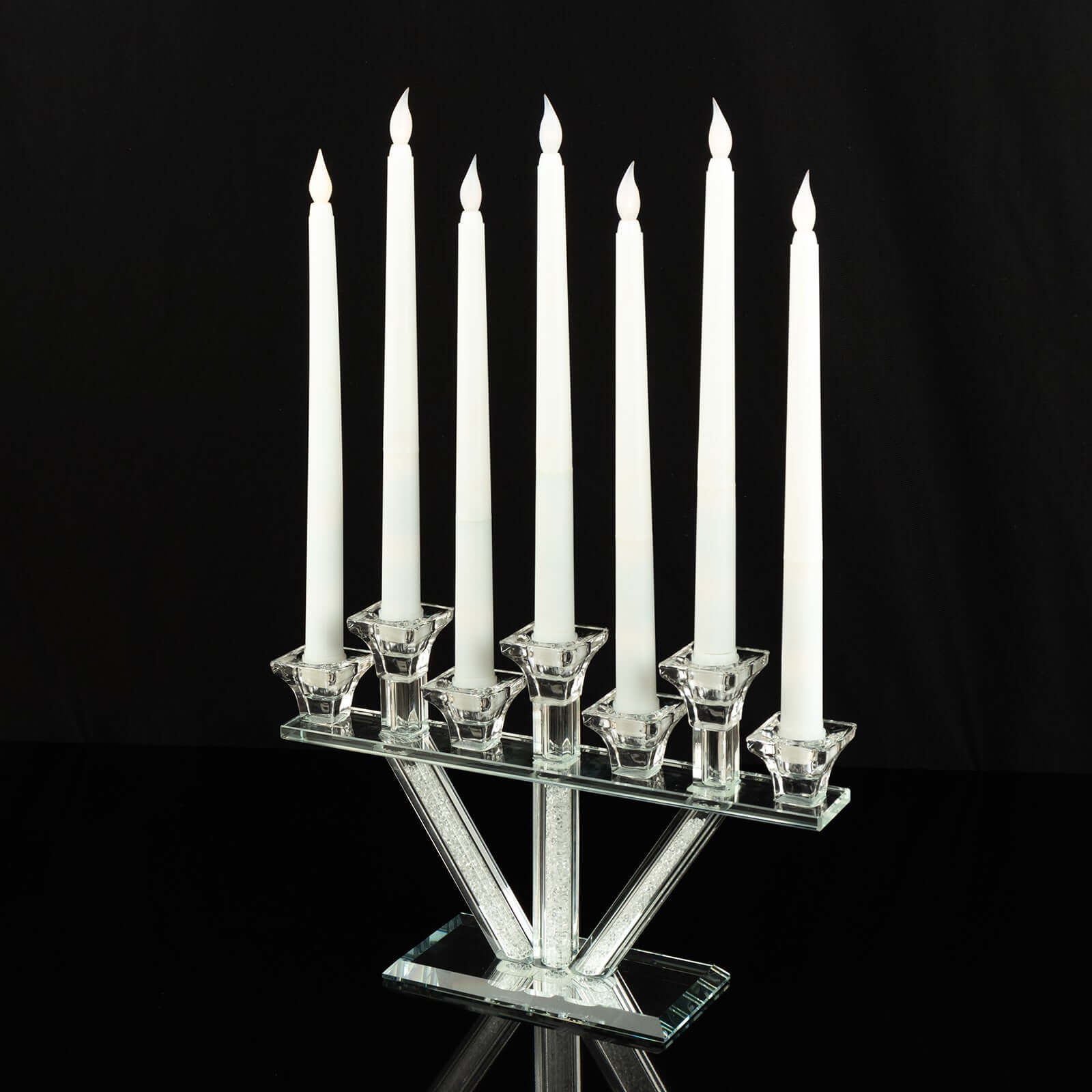 Crystal Glass Candelabra, 7 - Branch Taper Candle Stick Holder Stand Table Centerpiece With Crystal Filler and Mirror Base 12" - Bell Racket Store