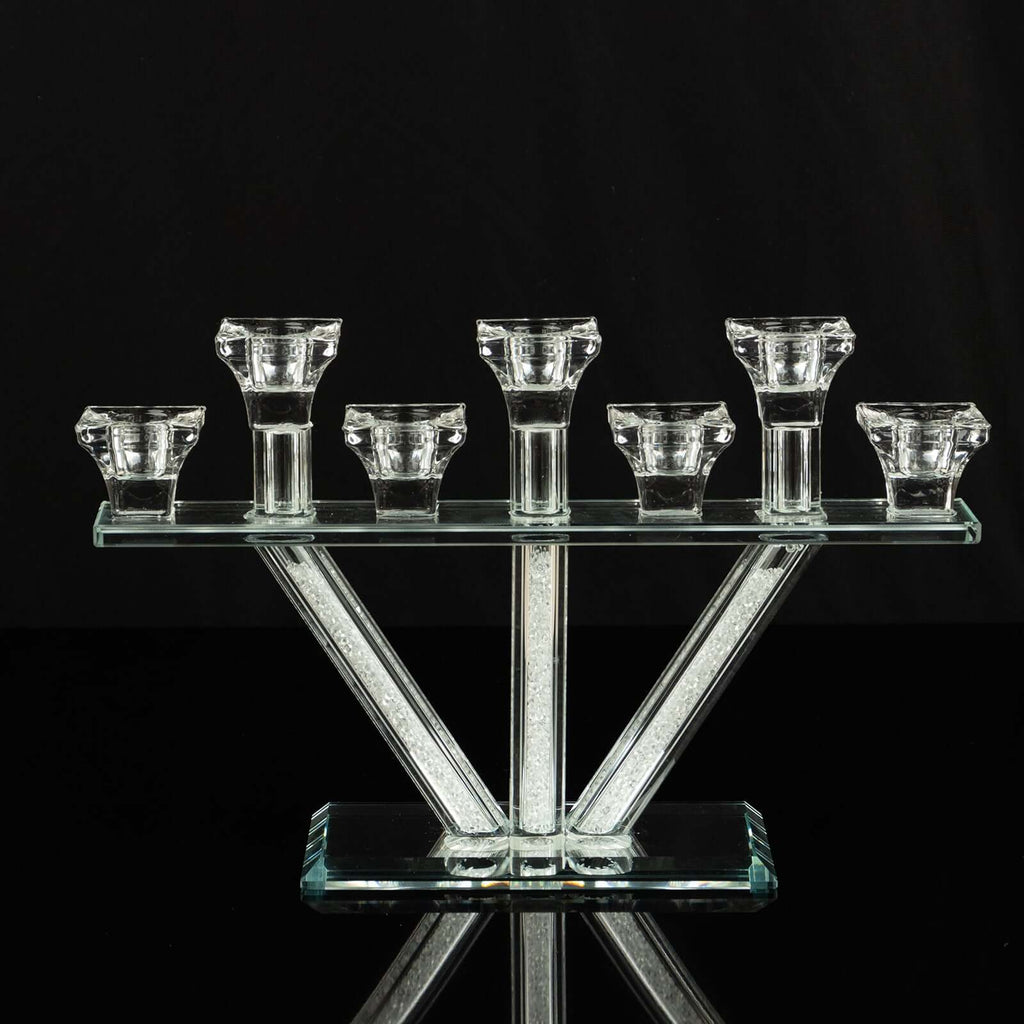Crystal Glass Candelabra, 7 - Branch Taper Candle Stick Holder Stand Table Centerpiece With Crystal Filler and Mirror Base 12" - Bell Racket Store