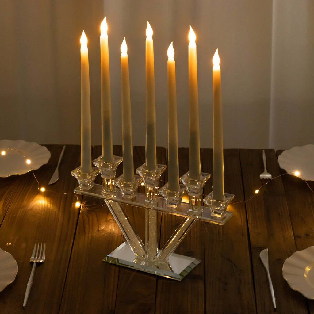 Crystal Glass Candelabra, 7 - Branch Taper Candle Stick Holder Stand Table Centerpiece With Crystal Filler and Mirror Base 12" - Bell Racket Store