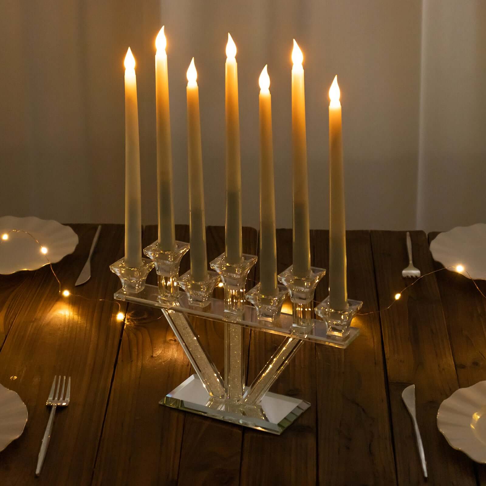 Crystal Glass Candelabra, 7 - Branch Taper Candle Stick Holder Stand Table Centerpiece With Crystal Filler and Mirror Base 12" - Bell Racket Store