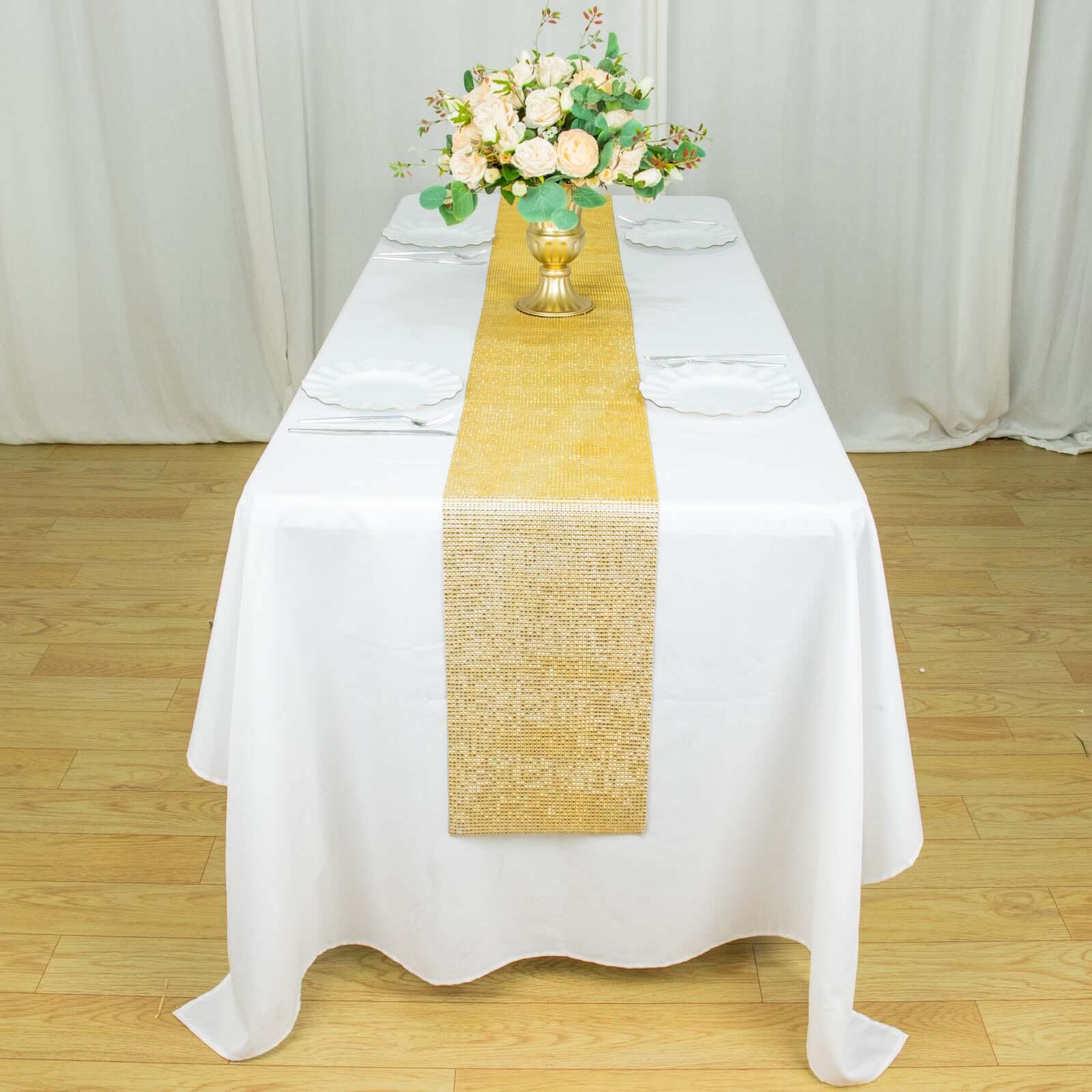 Crystal Rhinestone 10"x108" Table Runner Gold - Luxe Shiny Diamond Mesh Bling Table Runner Roll - Bell Racket Store