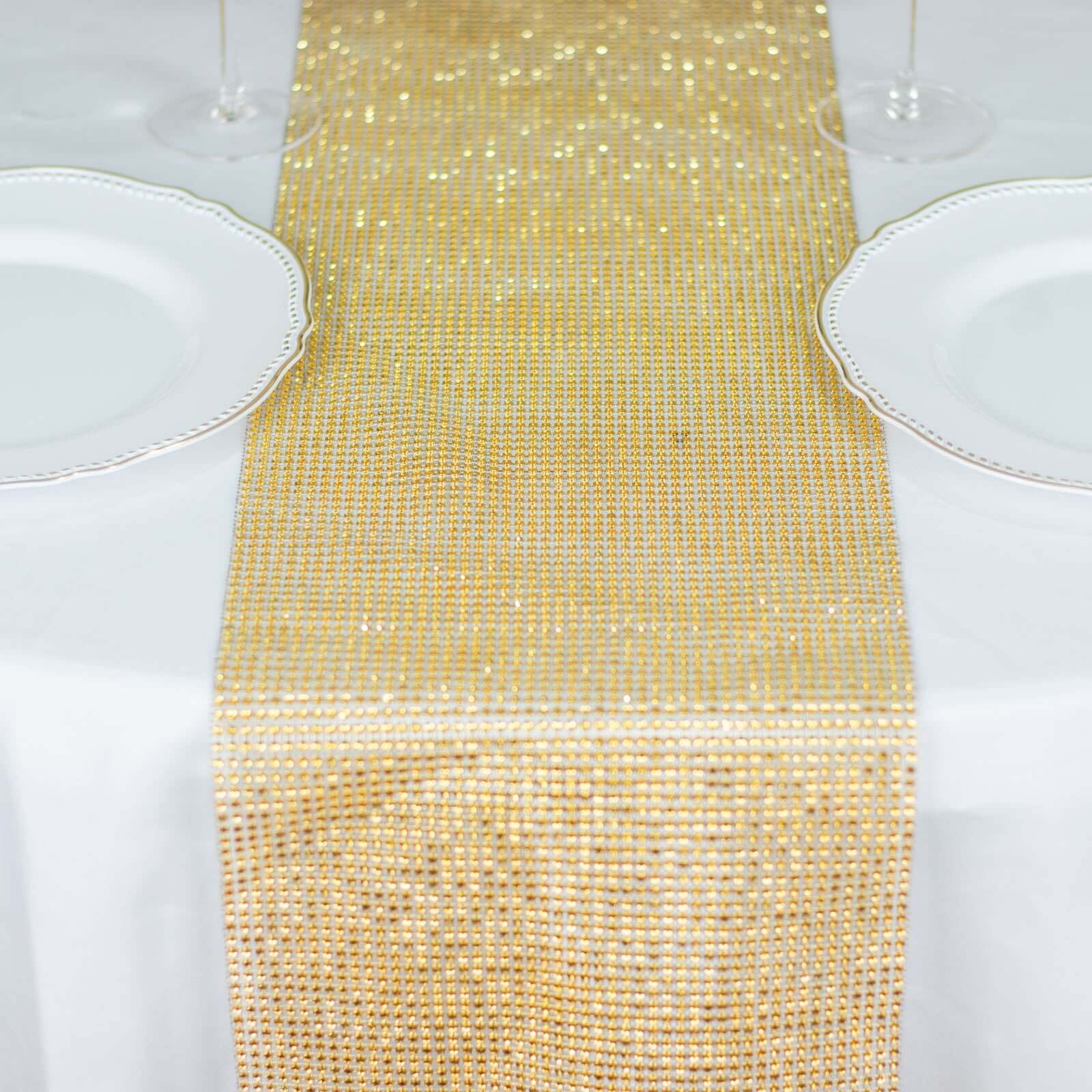 Crystal Rhinestone 10"x108" Table Runner Gold - Luxe Shiny Diamond Mesh Bling Table Runner Roll - Bell Racket Store