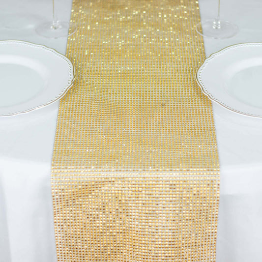 Crystal Rhinestone 10"x108" Table Runner Gold - Luxe Shiny Diamond Mesh Bling Table Runner Roll - Bell Racket Store