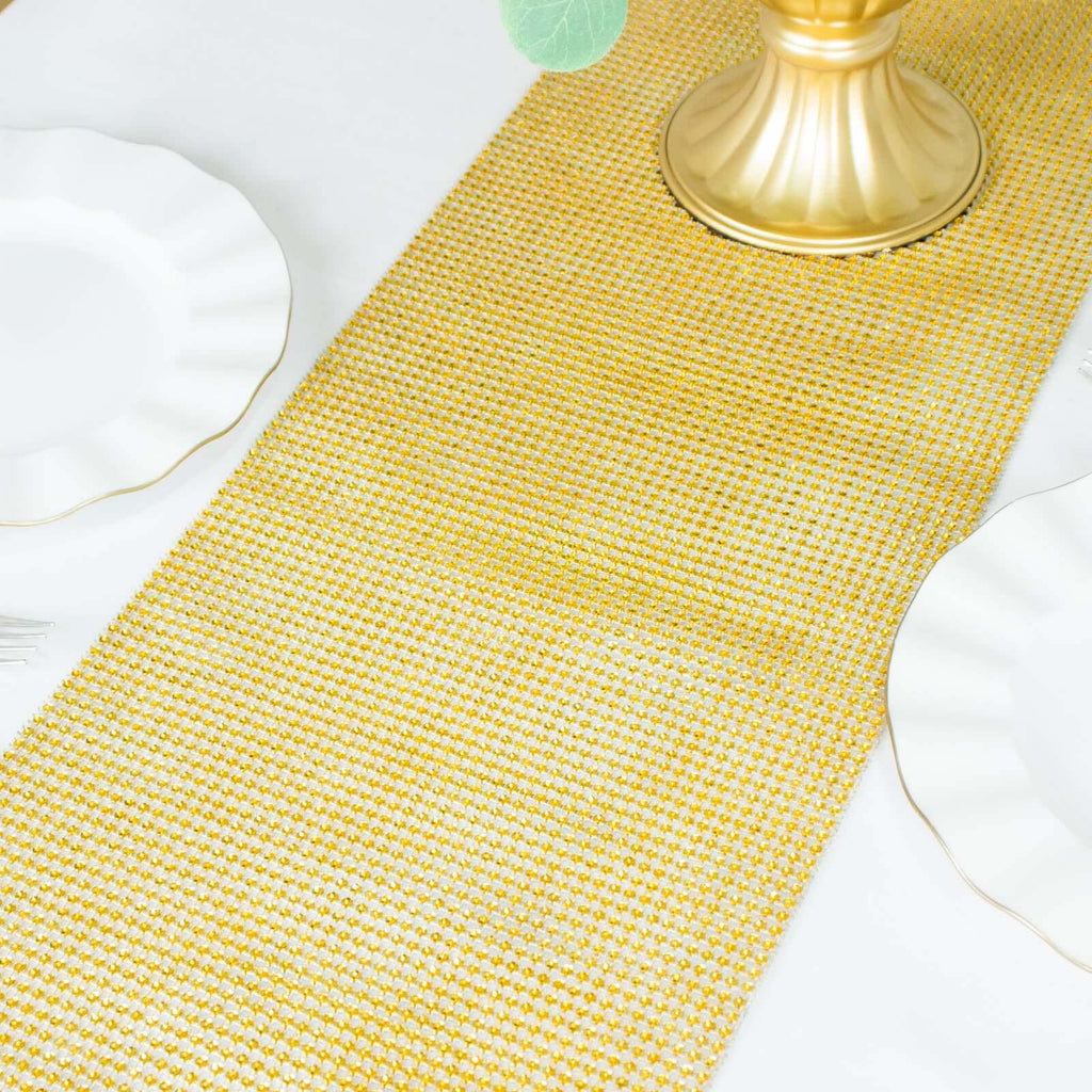 Crystal Rhinestone 10"x108" Table Runner Gold - Luxe Shiny Diamond Mesh Bling Table Runner Roll - Bell Racket Store