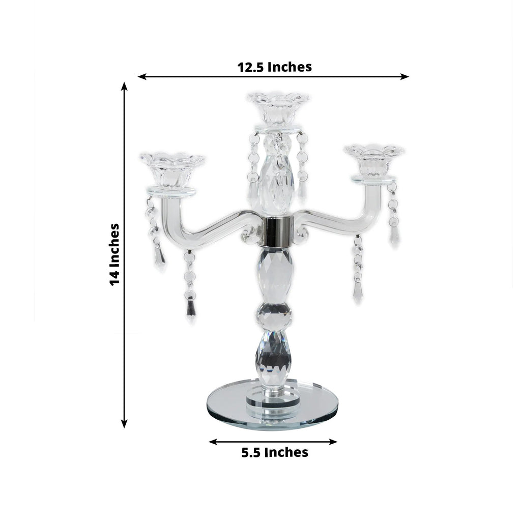 Crystal Taper Candle Holder with 3 Arms & Hanging Pendants â€“ Elegant Table Centerpiece, 14" - Bell Racket Store