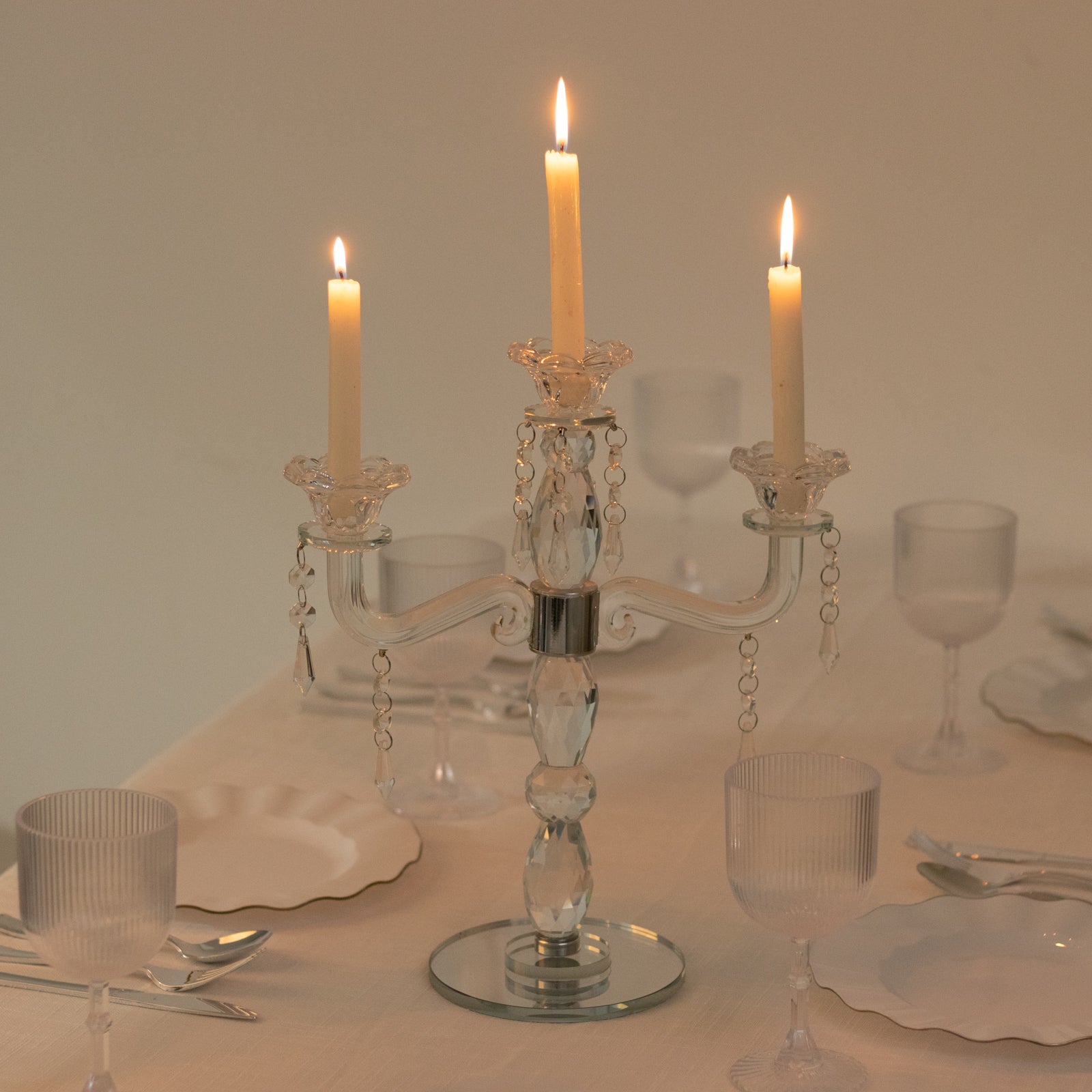 Crystal Taper Candle Holder with 3 Arms & Hanging Pendants â€“ Elegant Table Centerpiece, 14" - Bell Racket Store