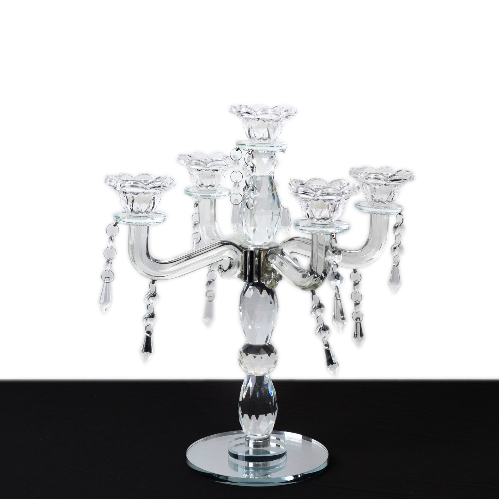 Crystal Taper Candle Holder with 5 Arms & Hanging Pendants â€“ Elegant Table Centerpiece, 14" - Bell Racket Store