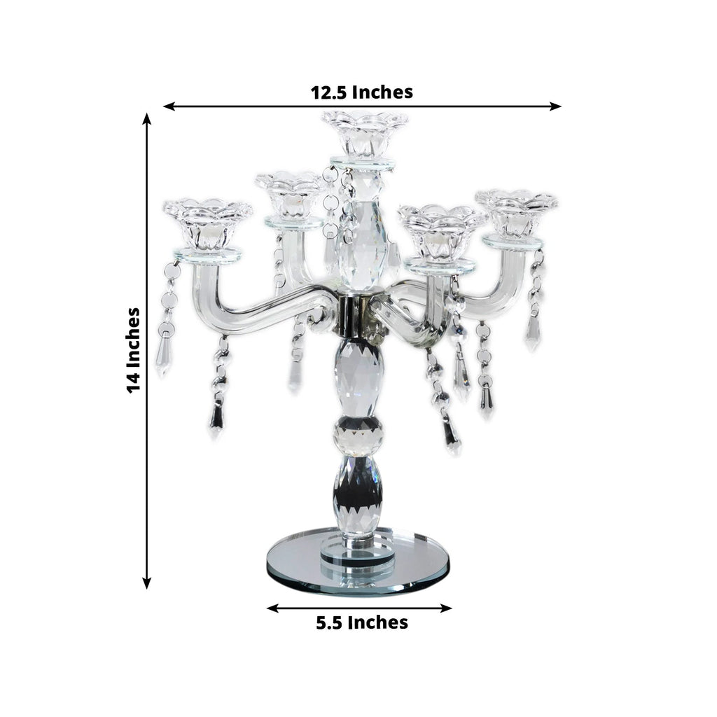 Crystal Taper Candle Holder with 5 Arms & Hanging Pendants â€“ Elegant Table Centerpiece, 14" - Bell Racket Store
