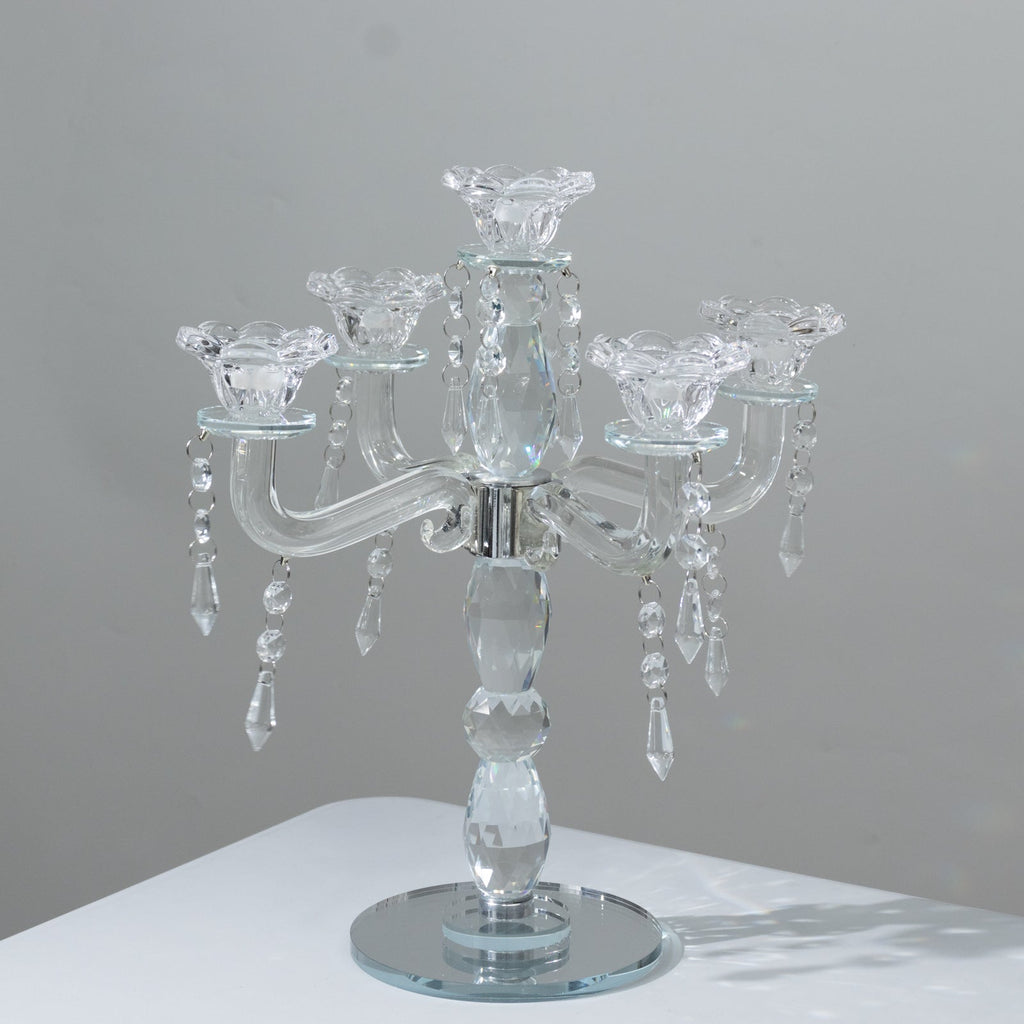 Crystal Taper Candle Holder with 5 Arms & Hanging Pendants â€“ Elegant Table Centerpiece, 14" - Bell Racket Store