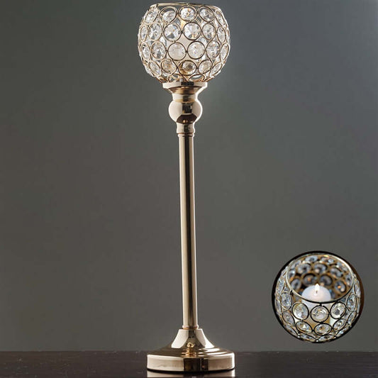 Crystal Votive Pillar Holder Metal 16" Gold - Chic Round Tealight Stand for Events - NestOCart