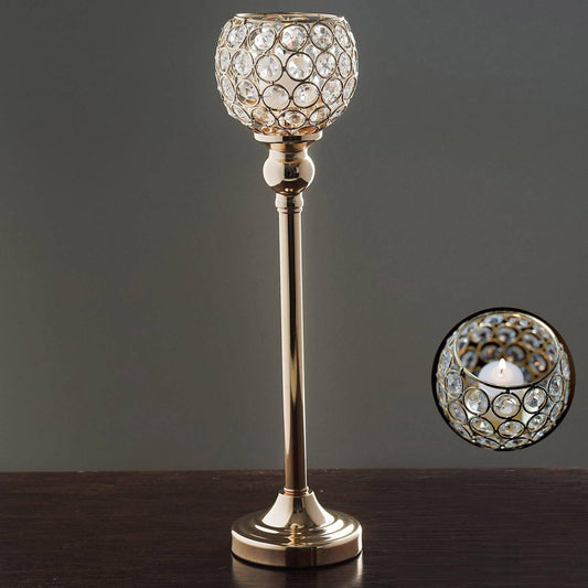 Crystal Votive Pillar Holder Metal 16" Gold - Chic Round Tealight Stand for Events - NestOCart