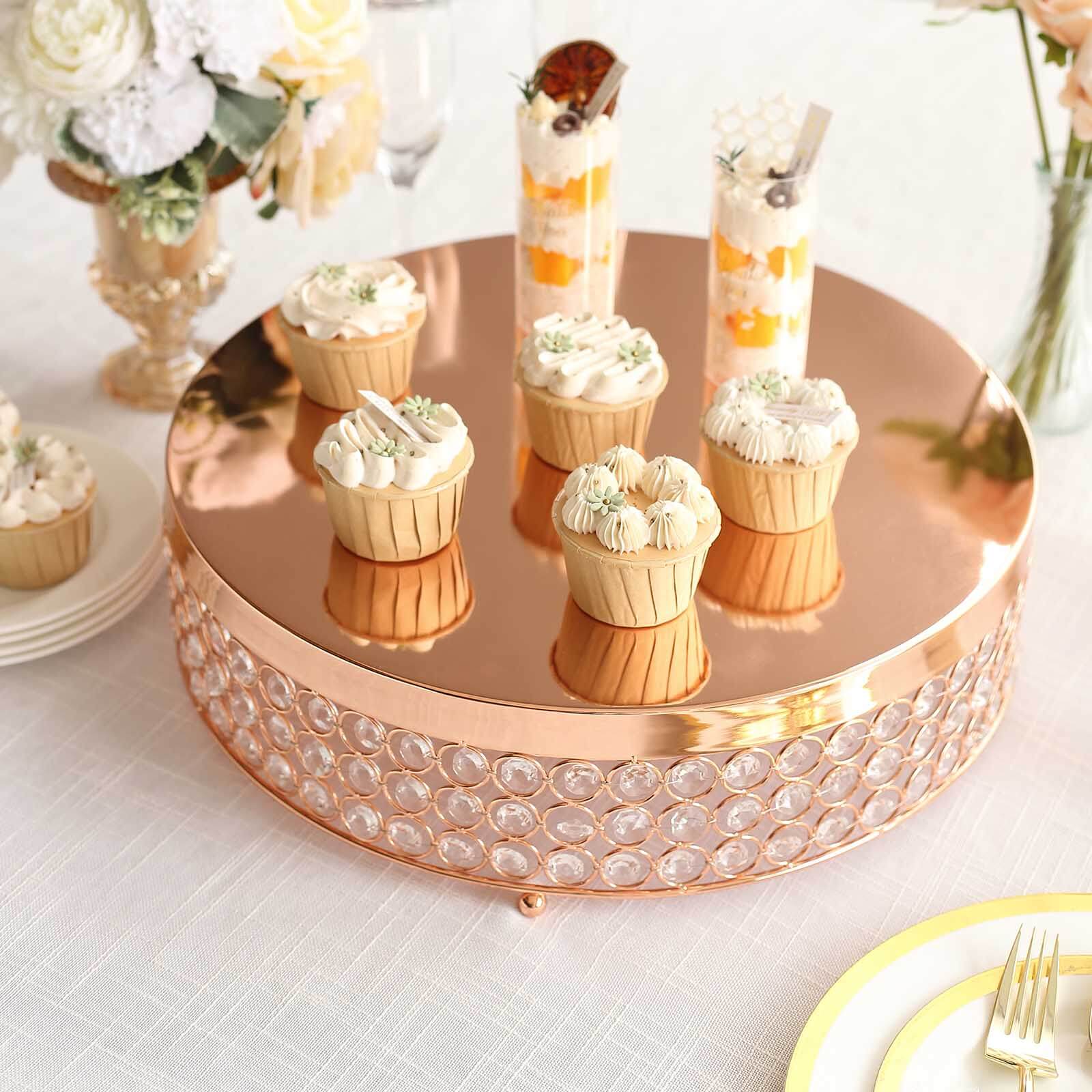 Metal Cake Stand Pedestal Crystal Beaded Design Rose Gold - Cupcake Display and Dessert Riser 16"