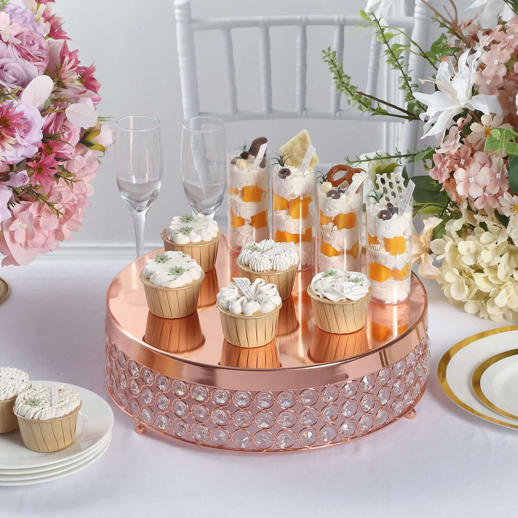 Metal Cake Stand Pedestal Crystal Beaded Design Rose Gold - Cupcake Display and Dessert Riser 14"