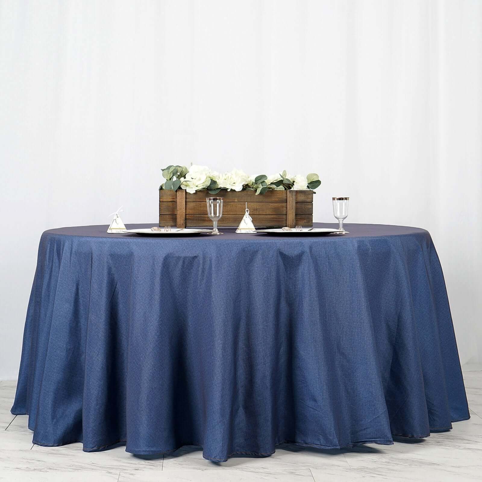 Polyester 120" Round Tablecloth Dark Denim Blue - Seamless Faux Denim Design for Stylish Gatherings