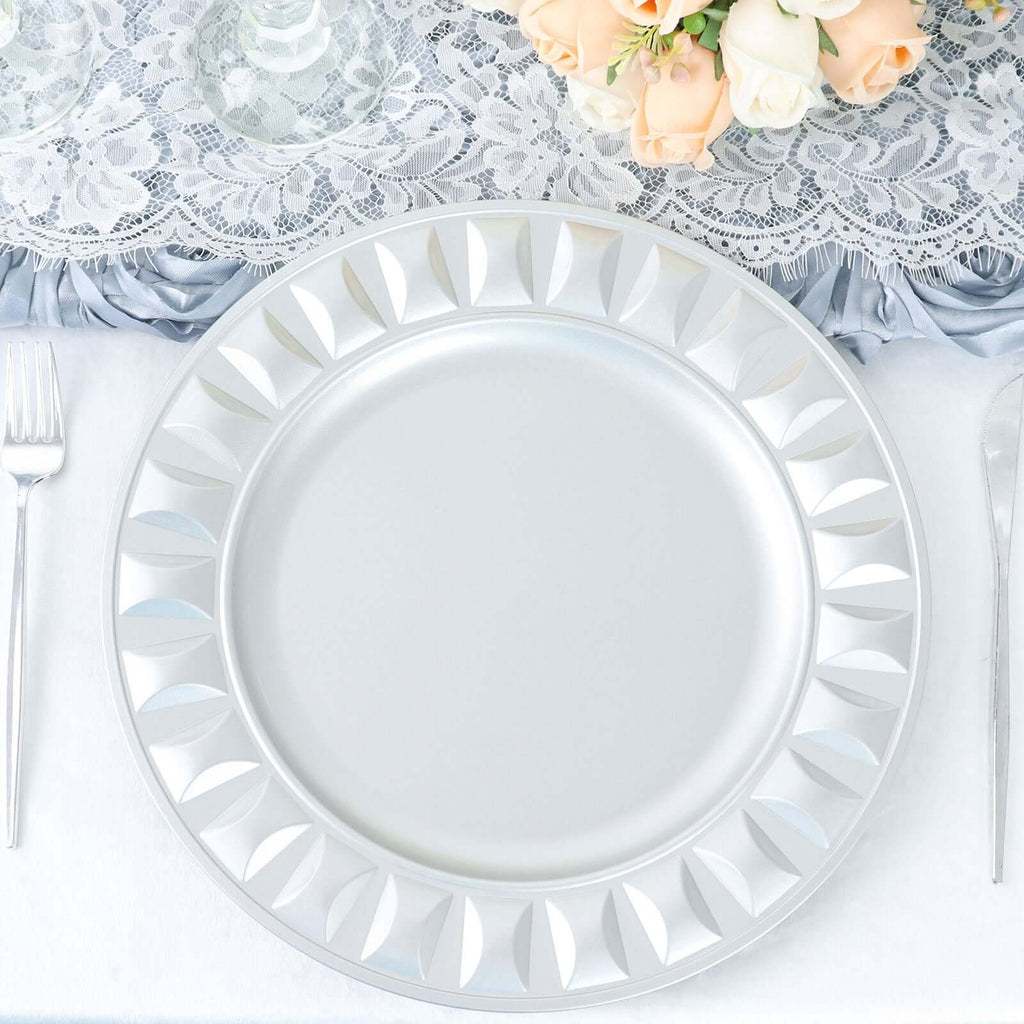 6-Pack Plastic Round Charger Plates 13" in Silver with Bejeweled Rim, Luxe Decorative Dinner Party Charger Tableware