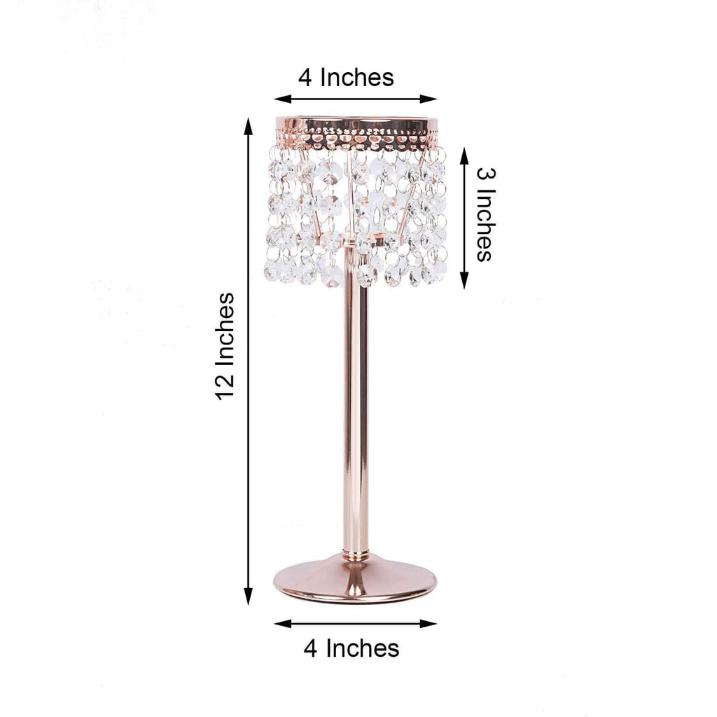 Crystal Beaded Chandelier Metal Candle Holder Rose Gold - Sophisticated Pillar Tealight Stand 12"