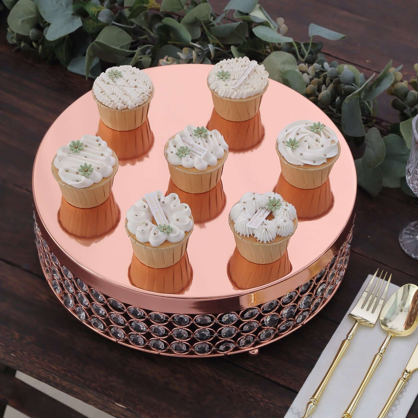 Metal Cake Stand Pedestal Crystal Beaded Design Rose Gold - Cupcake Display and Dessert Riser 14"
