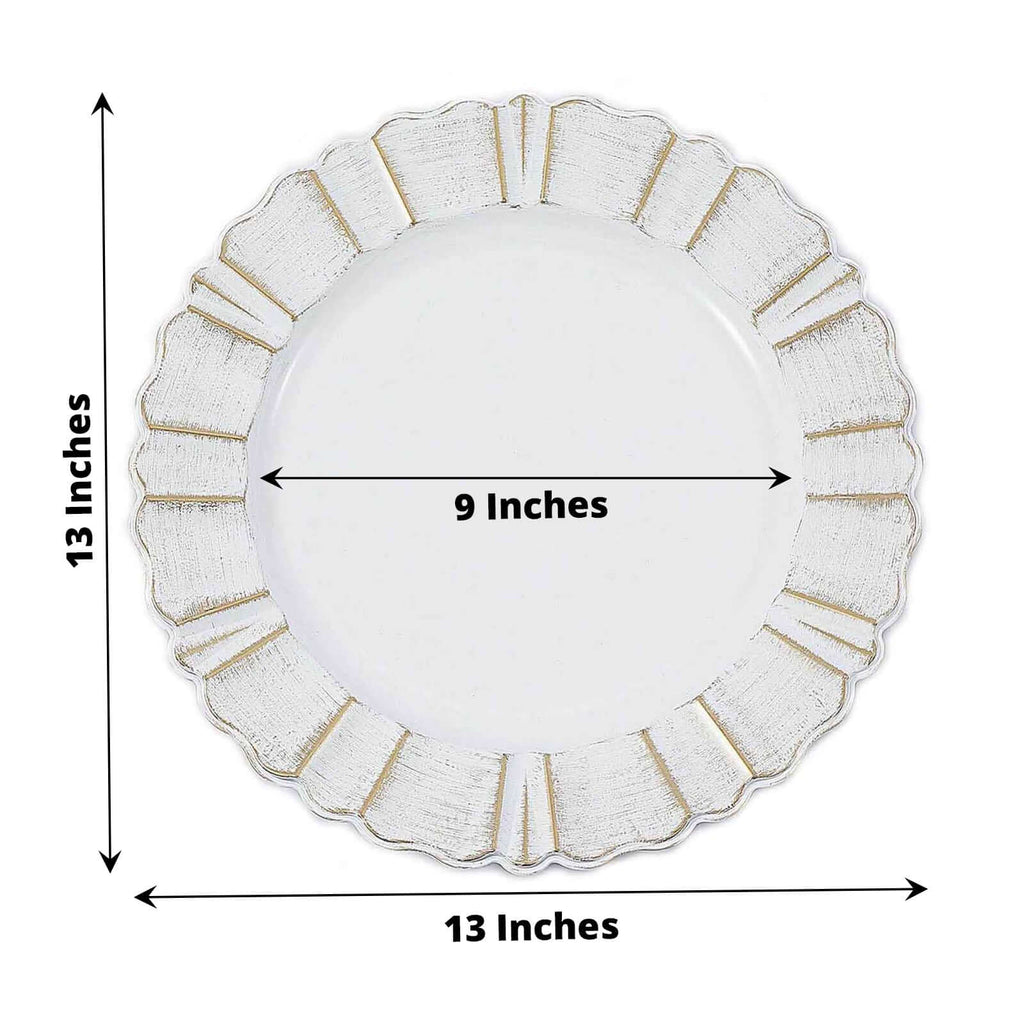 6-Pack Acrylic Plastic Round Charger Plates 13" in White with Gold Brushed Wavy Scalloped Rim, Decorative Dinner Party Charger Tableware