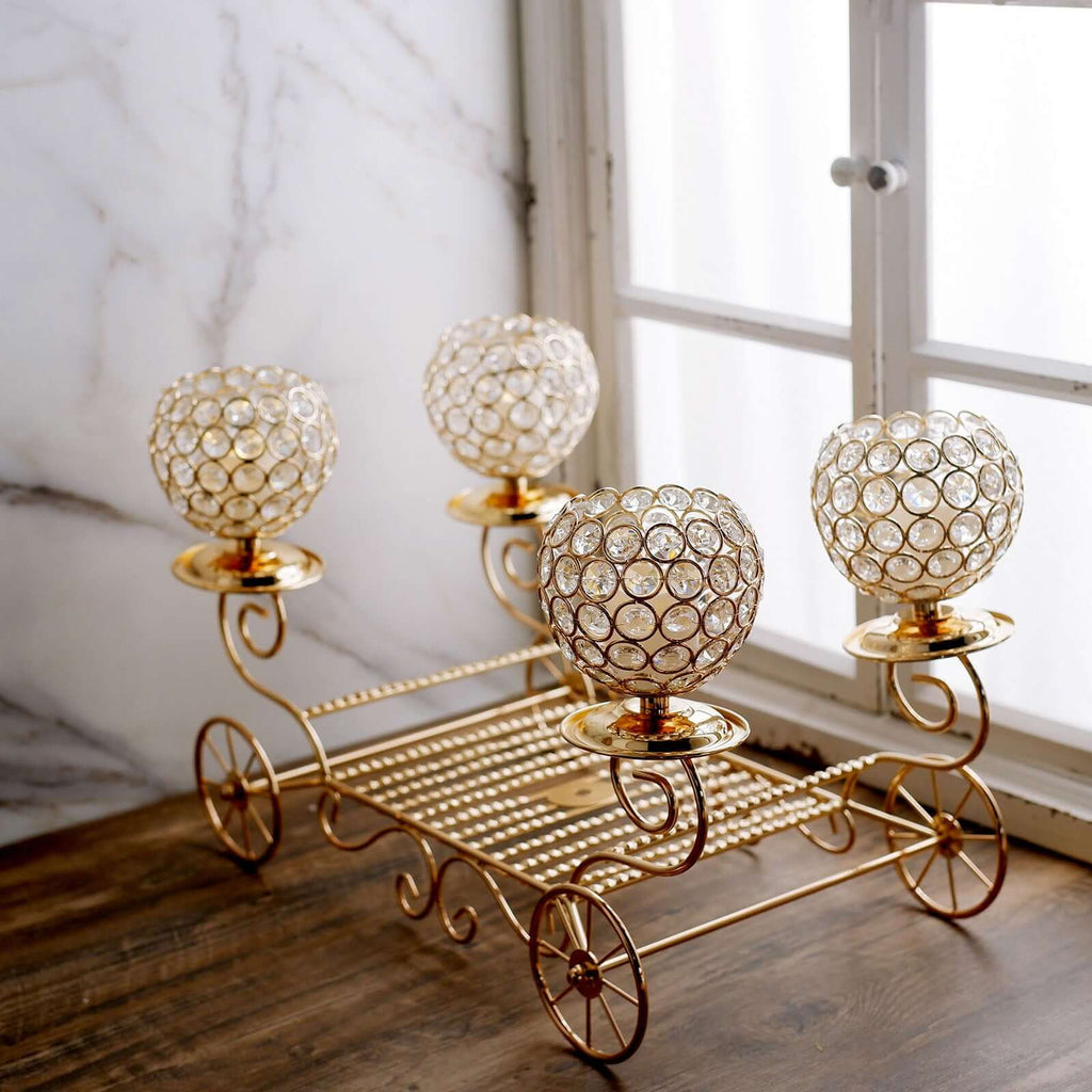 Candle Holder 4-Arm Gold Metal Crystal Cinderella Carriage Wedding Centerpiece - Decorative Display 18"