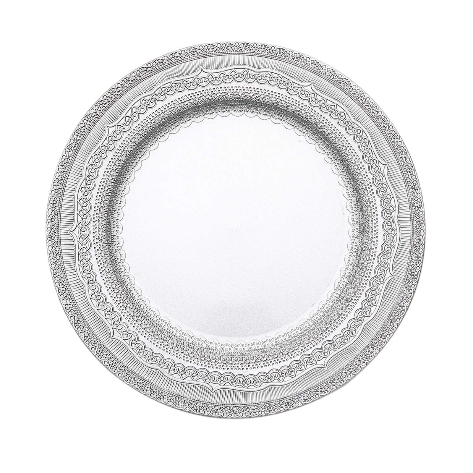 6-Pack Acrylic Round Charger Plates 13" in Silver with Lace Embossed Rim, Rustic Plastic Decorative Charger Tableware