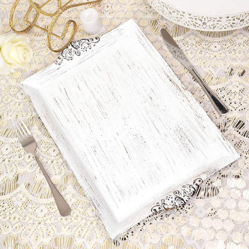 2-Pack Acrylic Rectangle Serving Trays 14"x10" in White Wash with Embossed Handles, Antique Decorative Dinner Party Food Platters