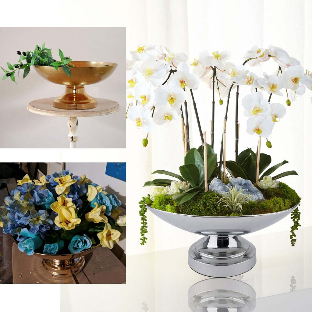 Metal Pedestal Flower Pot Round Design Gold - Floating Candle Bowl and Display Dish 12"