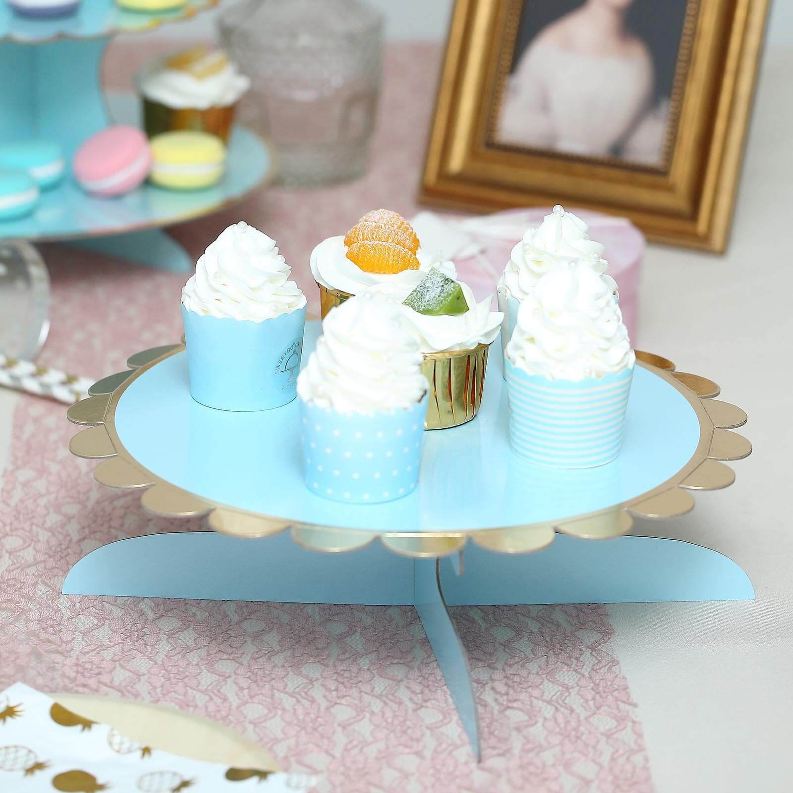 1-Tier Cardboard Cake Stand Light Blue - Stylish Reusable Cupcake Dessert Holder with Gold Scalloped Rim for Baby Showers Birthdays & Events 13"