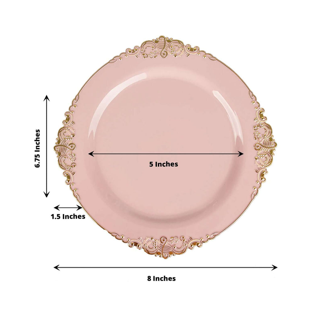 10-Pack Plastic 8" Round Dessert Plates in Blush with Gold Leaf Embossed Rim - Disposable Vintage Baroque Style Salad Plates