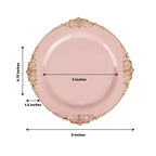10-Pack Plastic 8" Round Dessert Plates in Blush with Gold Leaf Embossed Rim - Disposable Vintage Baroque Style Salad Plates