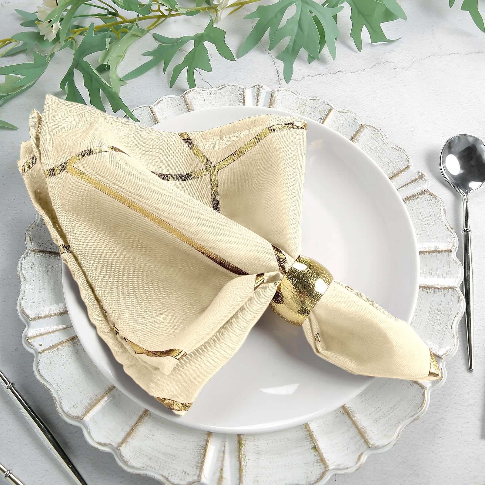 5 Pack Polyester 20"x20" Napkins Beige with Gold Geometric Foil Pattern - Modern Reusable Dinner Napkins
