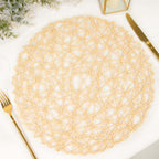 6-Pack Table Placemats Woven Fiber Design Beige Round - Disposable Mats for Dining and Events 15"