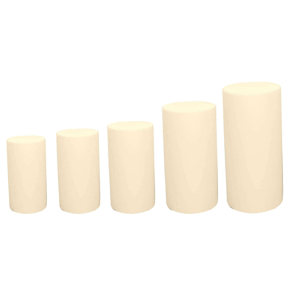 Set of 5 Beige Spandex Cylinder Pedestal Stand Covers, Stretchable Pillar Prop Covers - 160 GSM