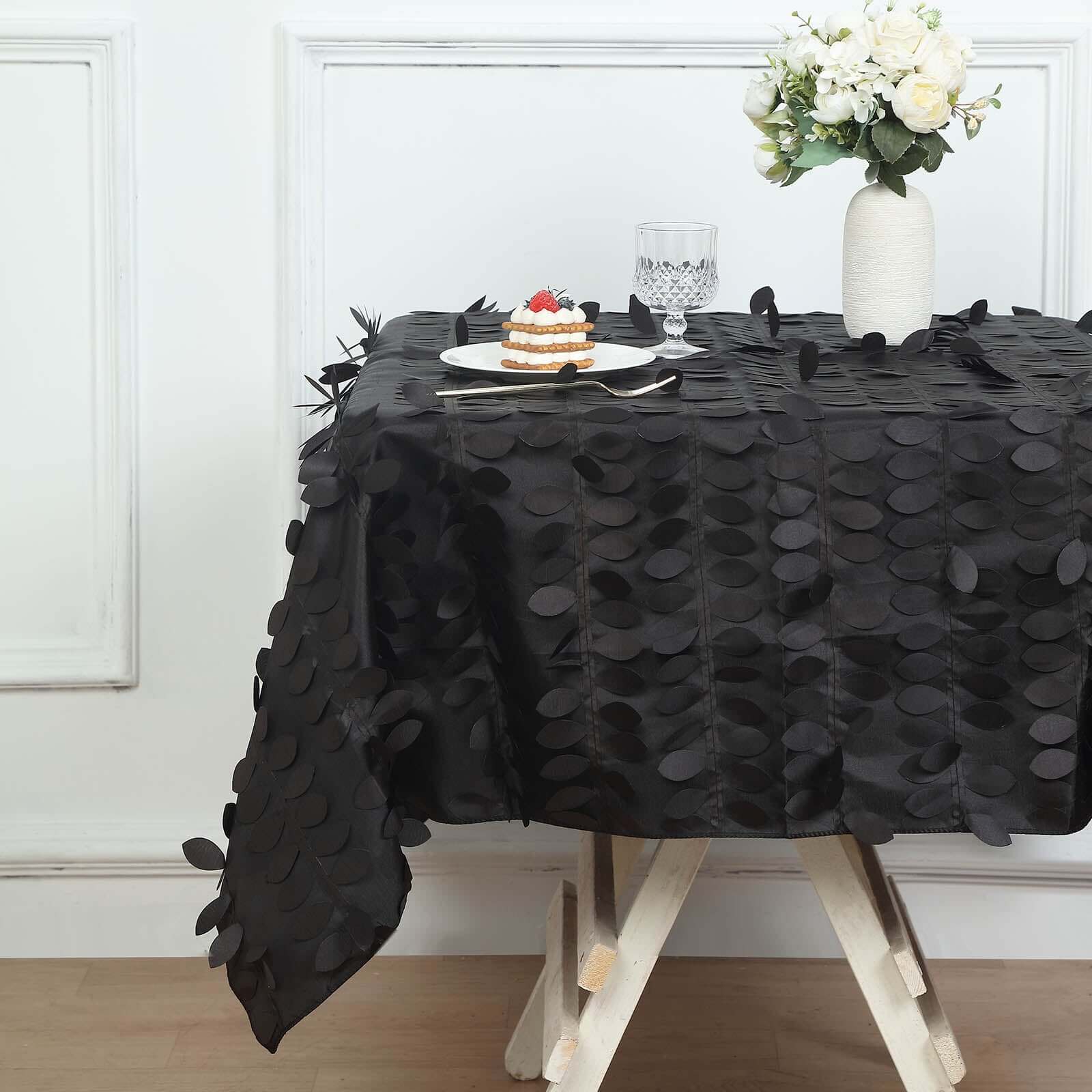 Taffeta 54"x54" Table Overlay Square Tablecloth Black 3D Leaf Petal Table Cover