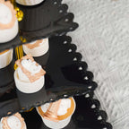 3-Tier Plastic Square Cupcake Stand Tower Black - Charming Disposable Dessert Display Serving Tray Platter with Heart Wavy Edge & Gold Top Handle for Tea Parties Weddings & Special Occasions 13"