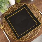 10-Pack Plastic 8" Square Dessert Plates in Black Concave Style with Gold Rim - Modern Disposable Salad Appetizer Party Plates