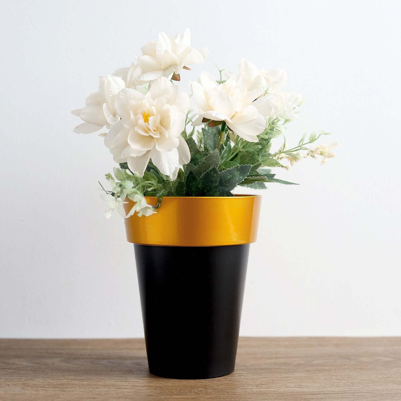 2-Pack Flower Plant Pots Medium Design Black with Gold Rim - Plastic Indoor Decorative Planters 6"