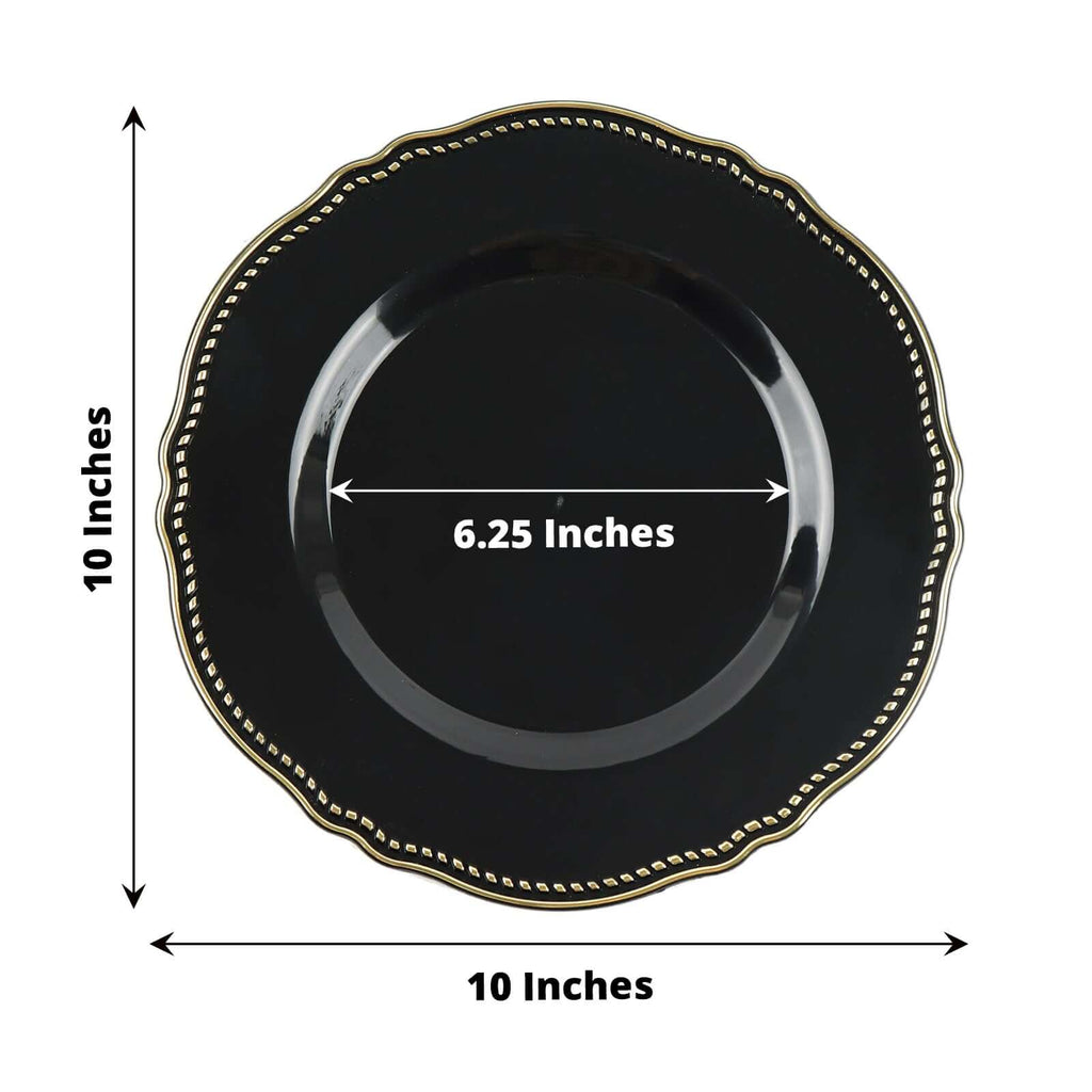 10-Pack Plastic 10" Dinner Plates in Black with Gold Scalloped Rim - Disposable Large Party Plates