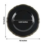 10-Pack Plastic 10" Dinner Plates in Black with Gold Scalloped Rim - Disposable Large Party Plates