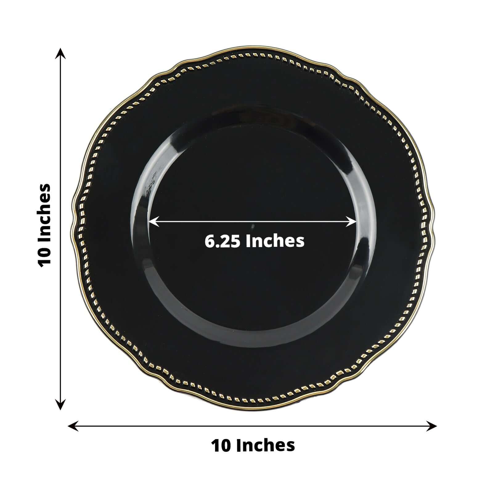 10-Pack Plastic 10" Dinner Plates in Black with Gold Scalloped Rim - Disposable Large Party Plates