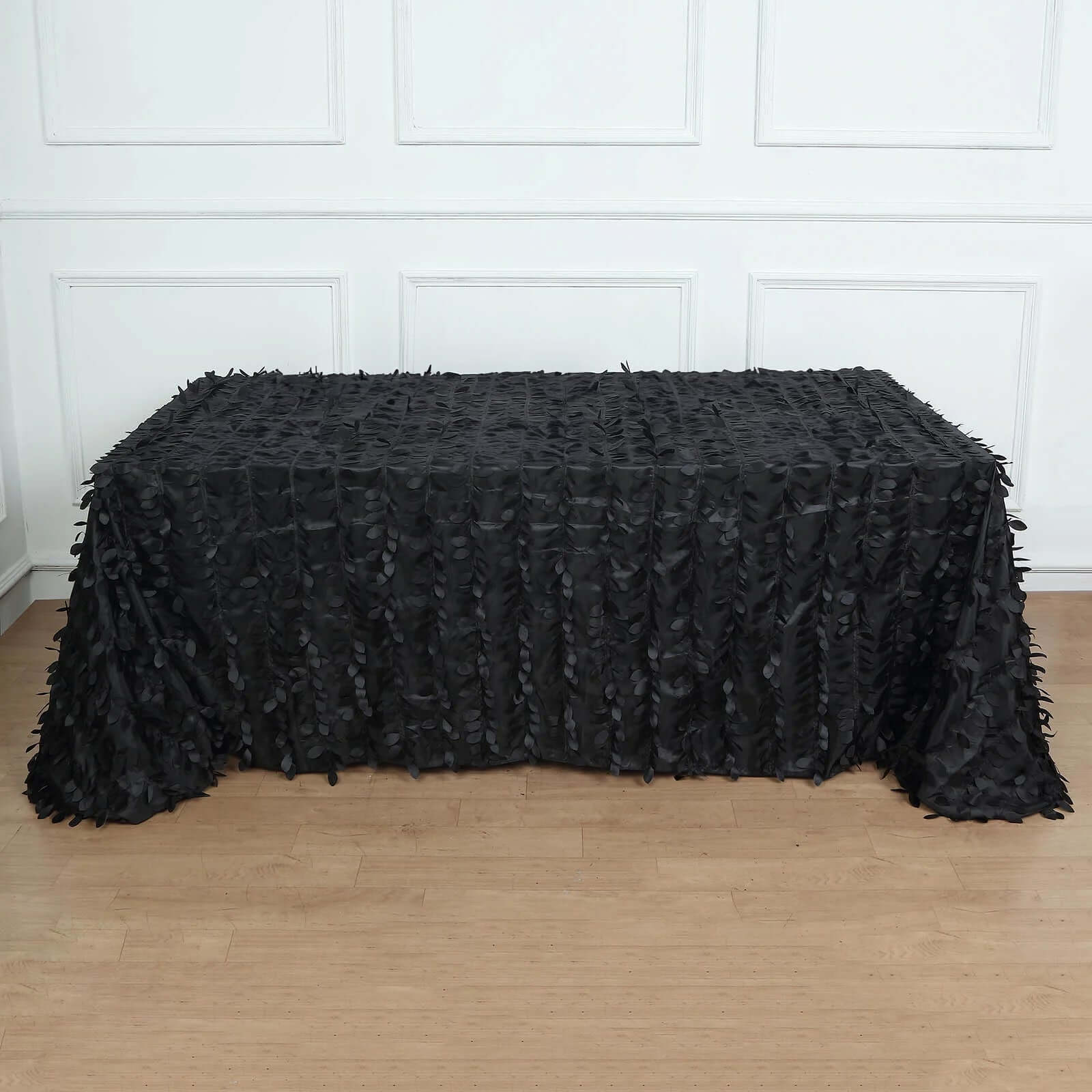 Taffeta 90"x156" Rectangle Tablecloth Black | 3D Leaf Petal Design Seamless Table Cover