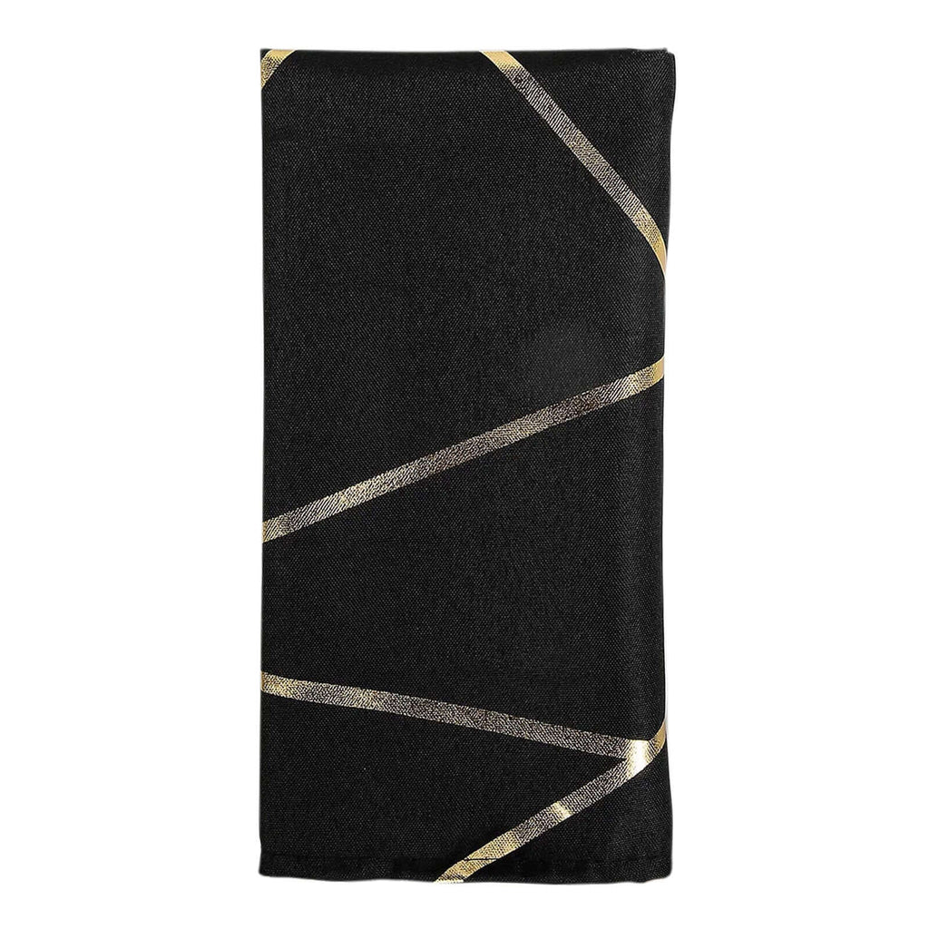 5 Pack Polyester 20"x20" Napkins Black with Gold Geometric Foil Pattern - Modern Reusable Dinner Napkins