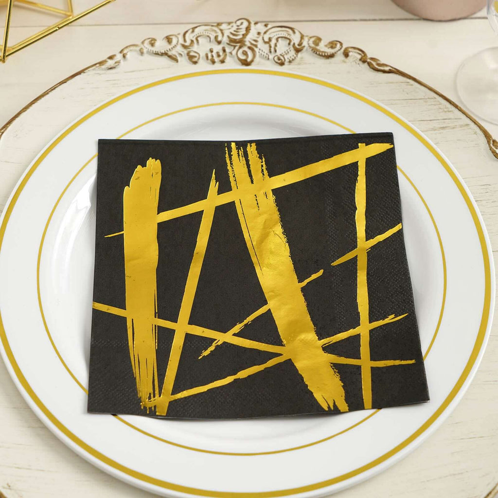 20-Pack Paper Dinner Napkins Black with Metallic Gold Streak Design - Stylish 3 Ply Disposable Cocktail Napkins for Weddings