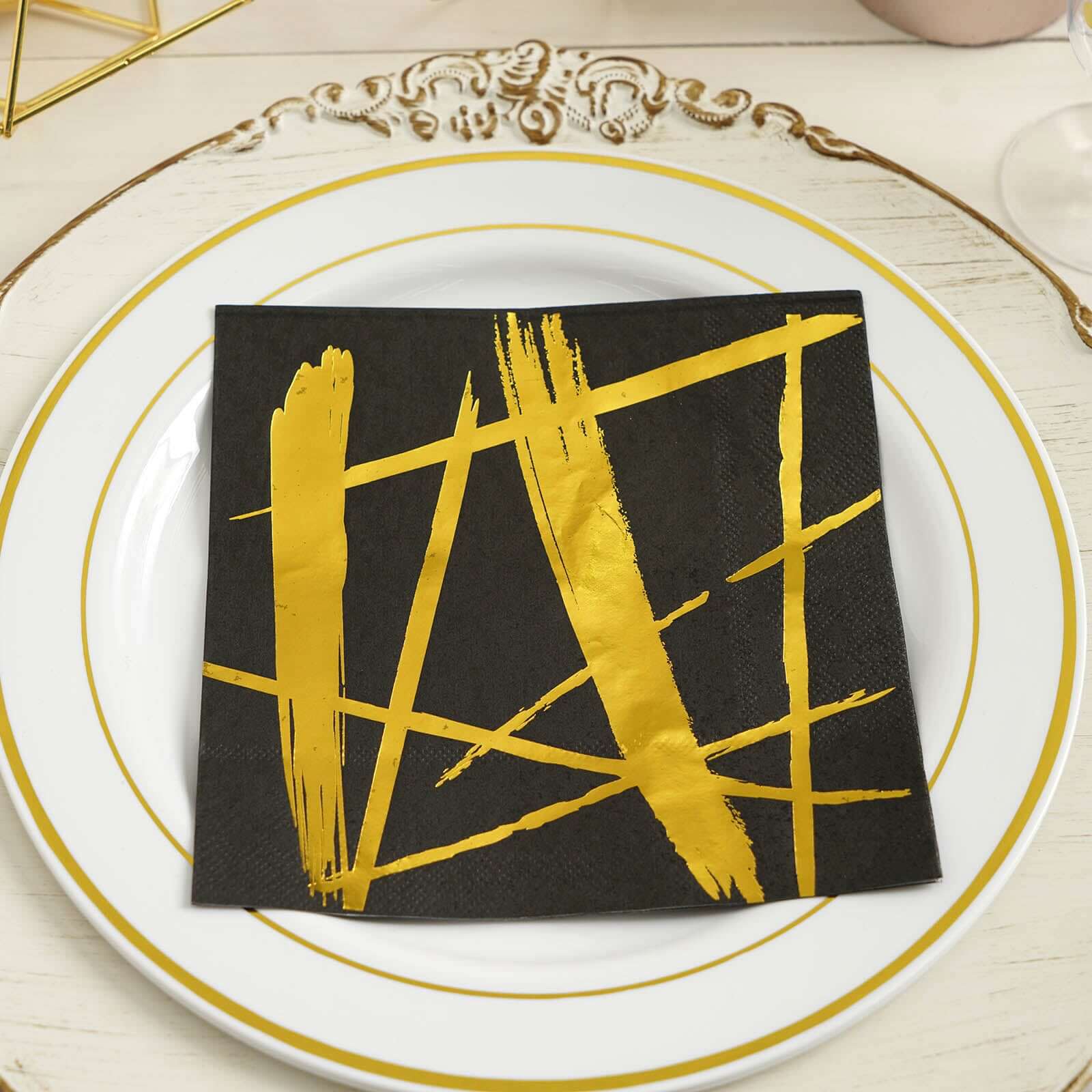 20-Pack Paper Dinner Napkins Black with Metallic Gold Streak Design - Stylish 3 Ply Disposable Cocktail Napkins for Weddings