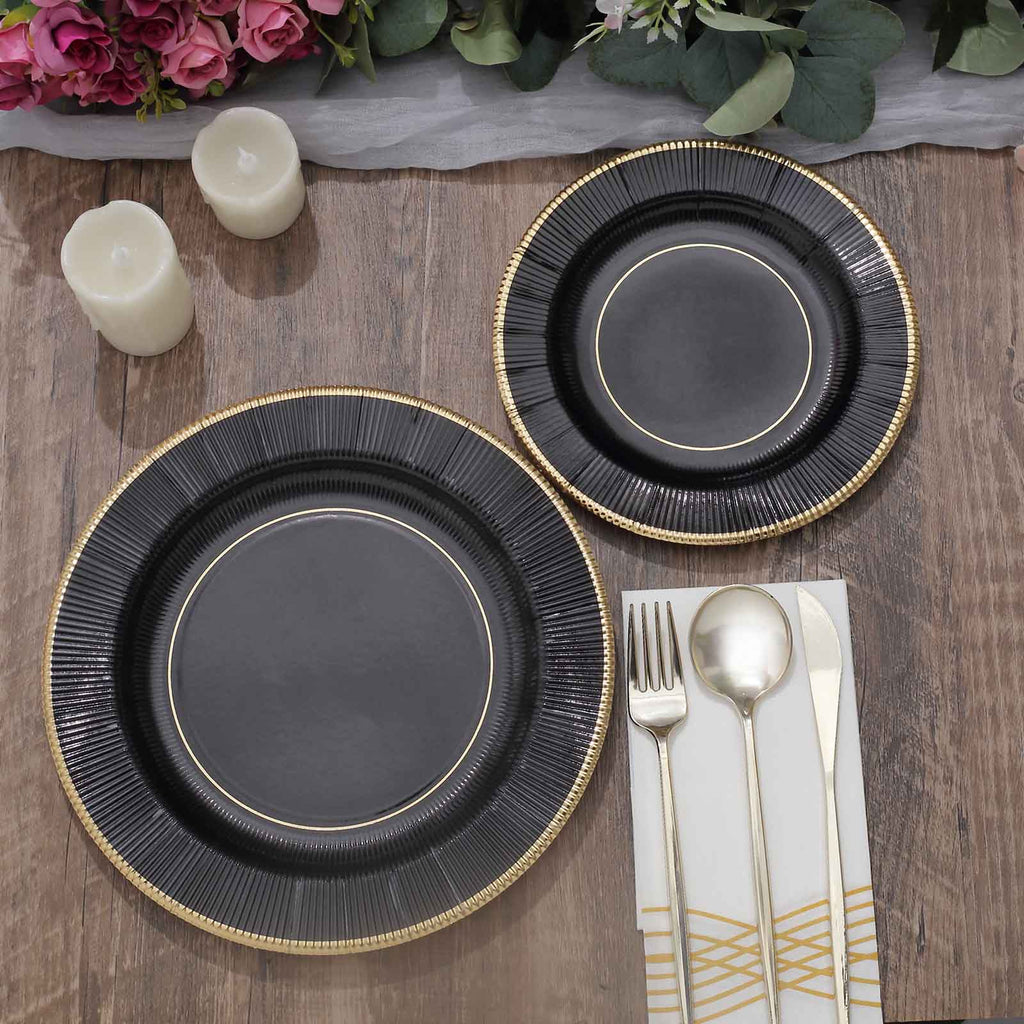 25-Pack Paper 8" Round Dessert Plates in Black Sunray Design with Gold Rim - Disposable Heavy Duty 350GSM Appetizer Salad Plates