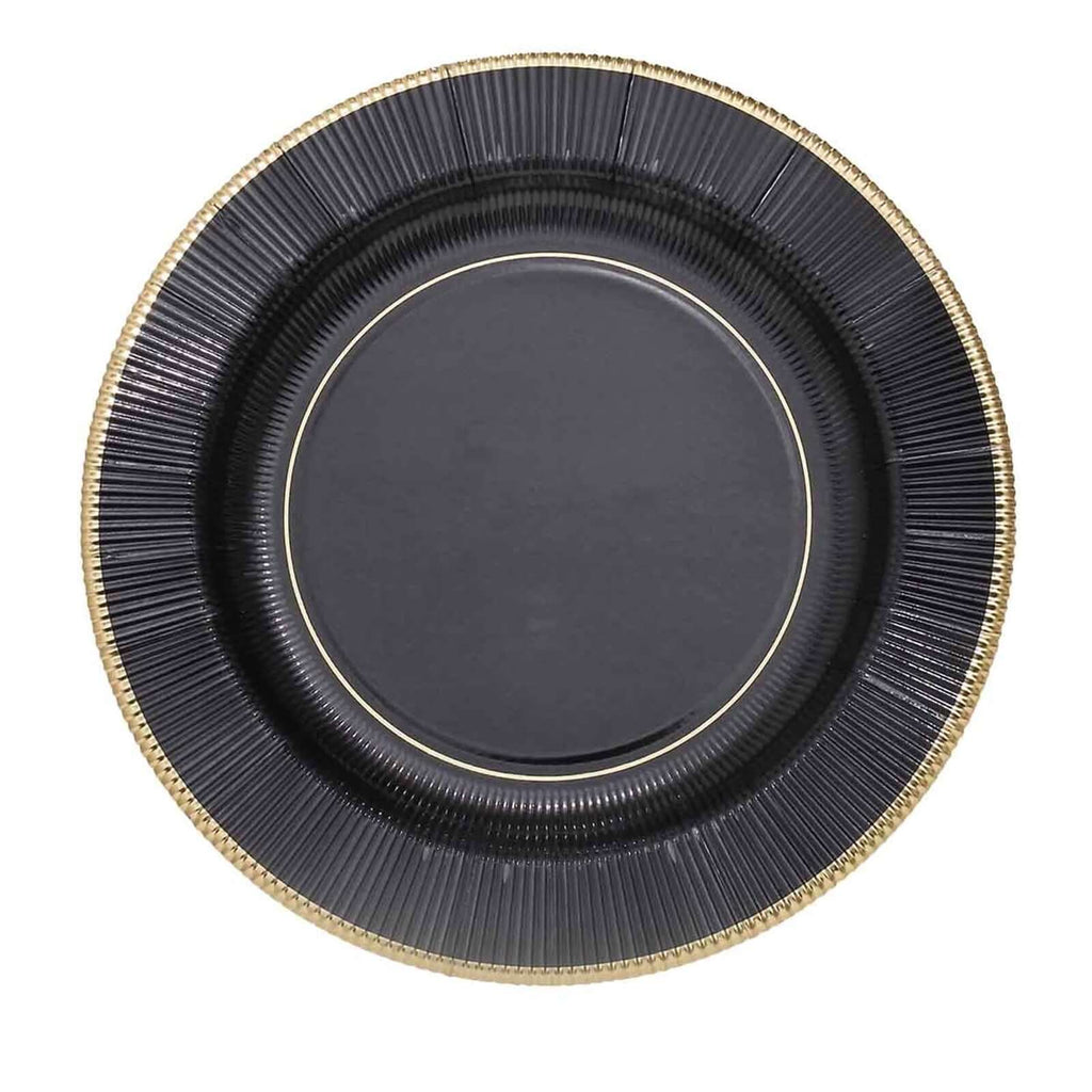 25-Pack Paper 10" Round Dinner Plates in Black Sunray Design with Gold Rim - Disposable Heavy Duty 350GSM Party Plates for Banquets & Celebrations