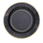 25-Pack Paper 10" Round Dinner Plates in Black Sunray Design with Gold Rim - Disposable Heavy Duty 350GSM Party Plates for Banquets & Celebrations