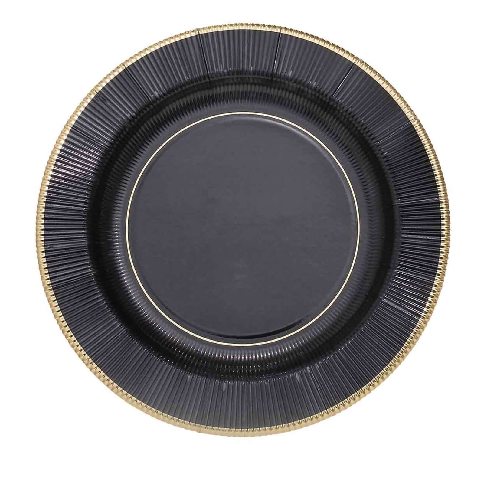 25-Pack Paper 10" Round Dinner Plates in Black Sunray Design with Gold Rim - Disposable Heavy Duty 350GSM Party Plates for Banquets & Celebrations
